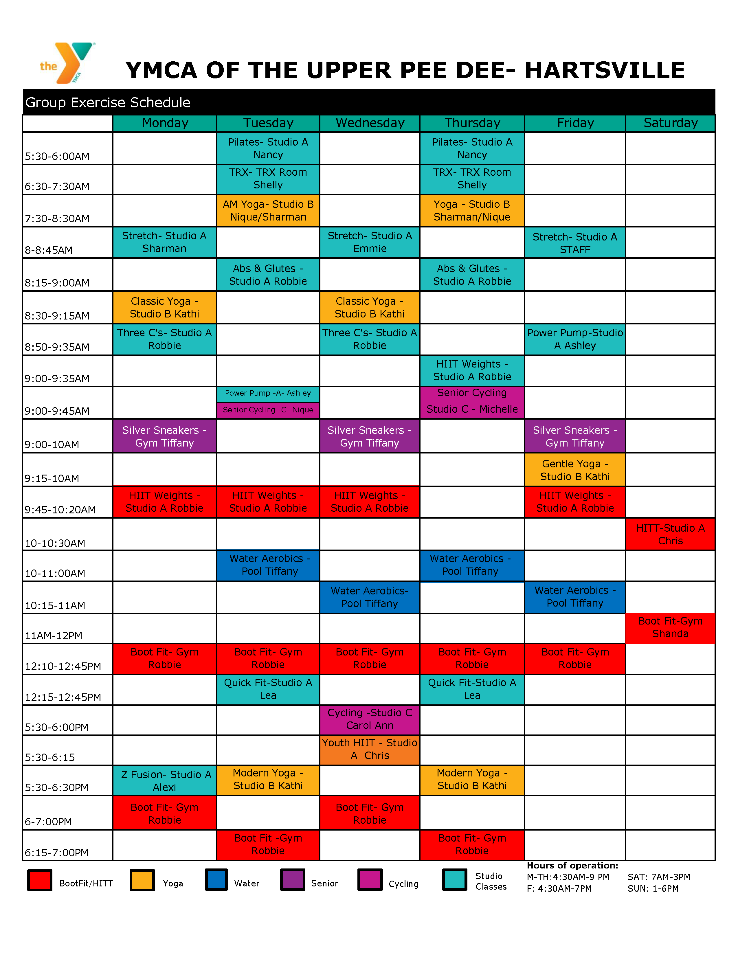 Group Exercise Schedule YMCA of the Upper Pee Dee